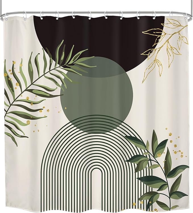 Dark Green Boho Shower Curtain 72Wx72H Black Bohemian Modern Abstract Plant - Image 8