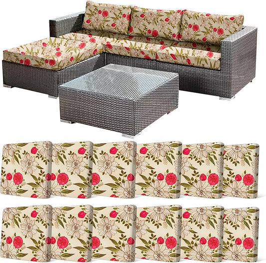 12Pcs Stretch Patio Cushion Cover, Floral Couch & Sofa Slipcovers by CALBODE