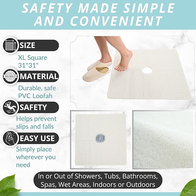 Enkosi Loofah Shower Mat with Drain Hole – Cushioned Anti-Slip Square Bath Mat - Image 3