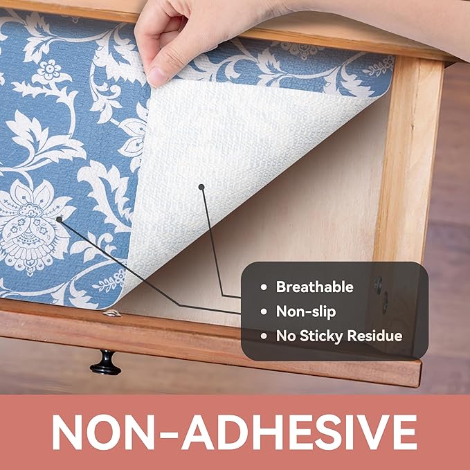RAY STAR Shelf Liner, Non Adhesive Blue Floral Kitchen Cabinet Liner - Image 8