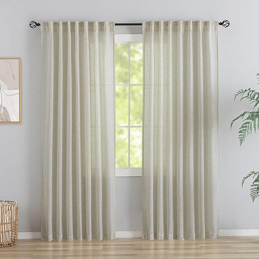 94 Inch Length Curtains Burlap Linen Back Tab Hook Belt Loops Privacy Semi by DONREN