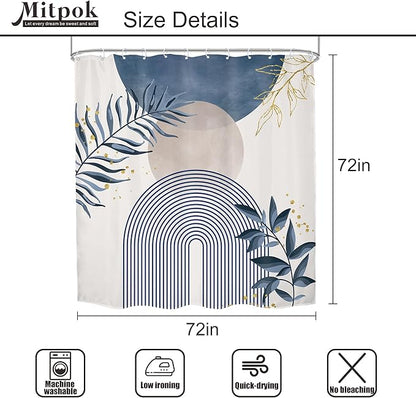 4 PCS Navy Blue Gray Boho 72Wx72H Shower Curtain Set Modern Mid Century Plant - Image 4