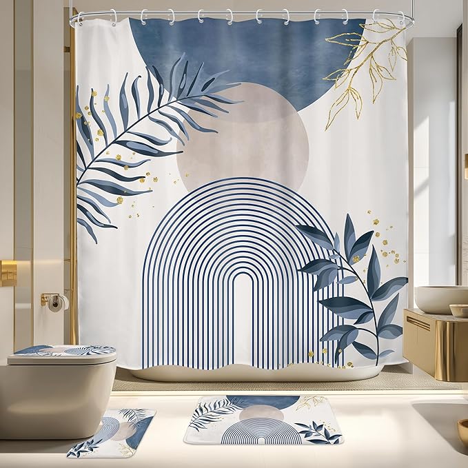 4 PCS Navy Blue Gray Boho 72Wx72H Shower Curtain Set Modern Mid Century Plant by MitpokBrand