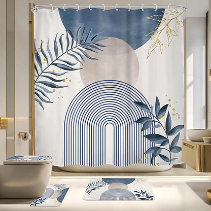 4 PCS Navy Blue Gray Boho 72Wx72H Shower Curtain Set Modern Mid Century Plant by MitpokBrand