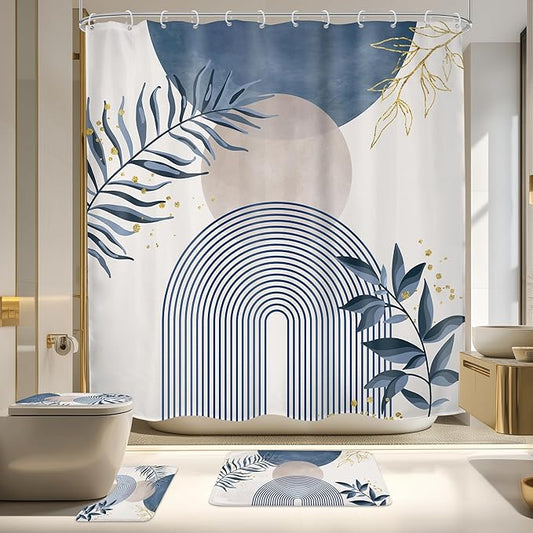 4 PCS Navy Blue Gray Boho 72Wx72H Shower Curtain Set Modern Mid Century Plant by MitpokBrand