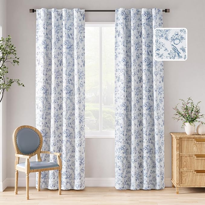 jinchan 95% Blackout Floral Curtains 84 Inches Long, Printed Flower Blue by JINCHAN