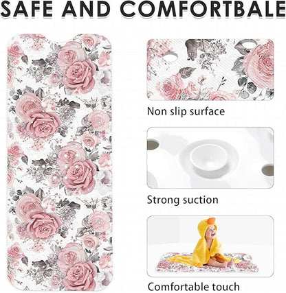 Pink Flower Leaves Bath Mat Non Slip, Floral Rose Spring 40 X 16 Inch Extra - Image 4