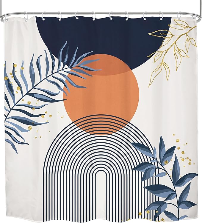 Navy Blue Boho Shower Curtain 72Wx72H Modern Abstract Bohemian Blue Gold Leaves - Image 7