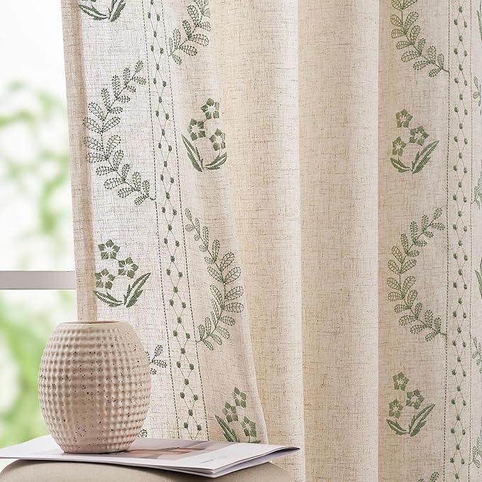 jinchan Belrose Linen Curtains for Bedroom Floral Curtains 63 Inch Length Sage - Image 2