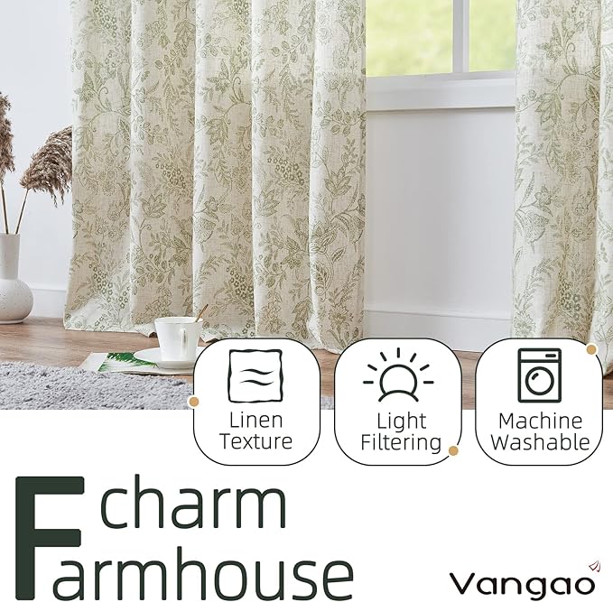 Vangao Green Floral Linen Curtains - Image 3