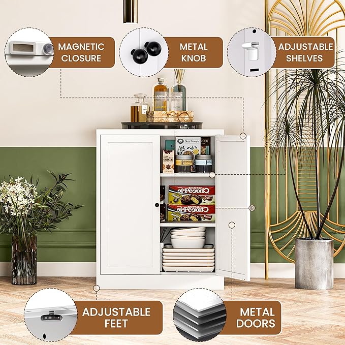Metal Pantry Cabinet with 2 Adjustable Shelves, Small Kitchen Cupboard Storage - Image 3