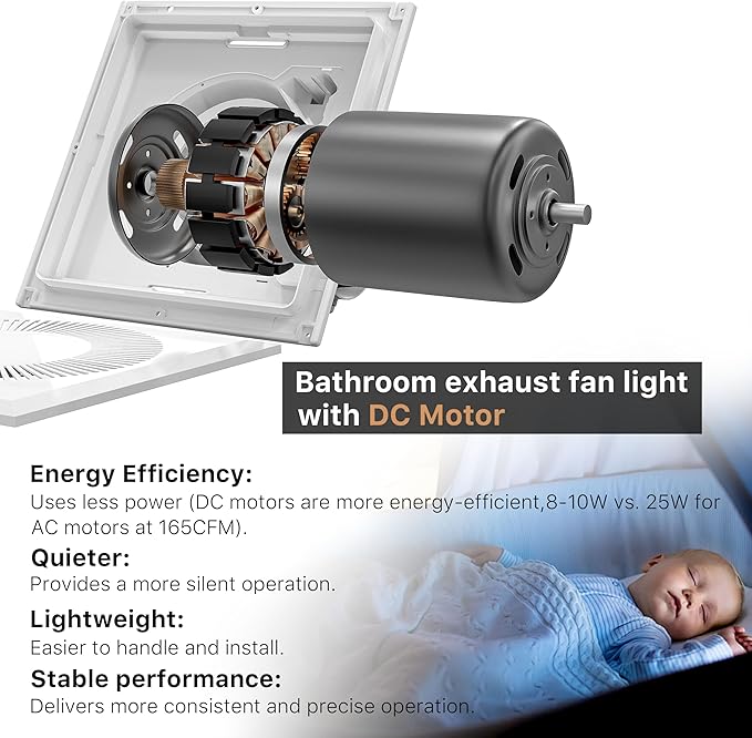 Bathroom Exhaust Fan with Light 11.8IN 165 CFM 1.2 Sones Shower Bathroom Vent - Image 5