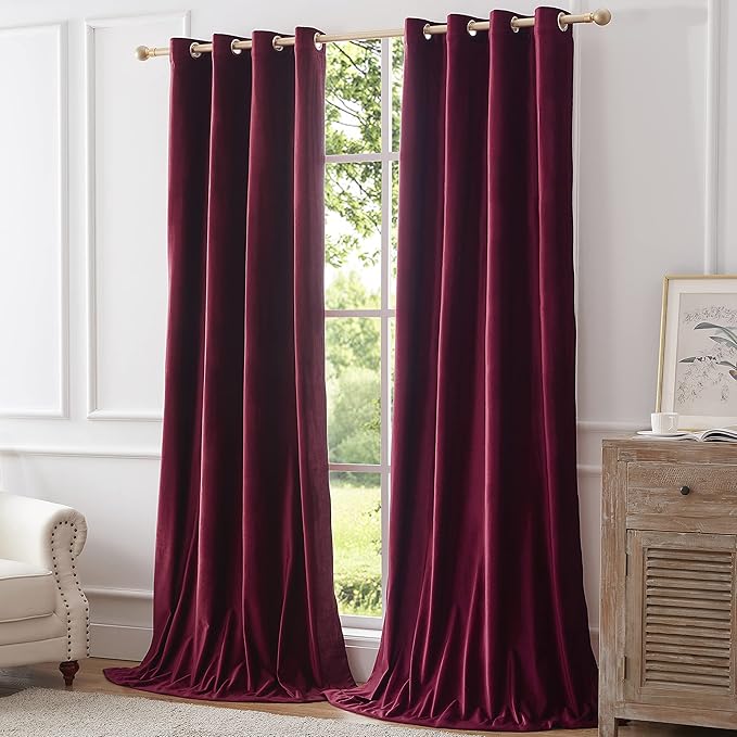 BULBUL Christmas Burgundy Velvet Curtains 84 inches Luxury Elegant Living Room - Image 6