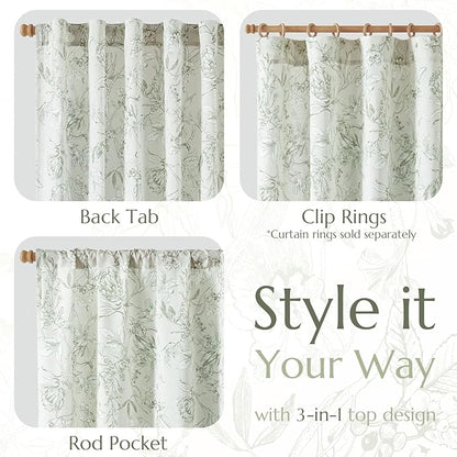 jinchan Floral Curtains 108 Inch Length Sage Green Flower Linen Farmhouse - Image 5
