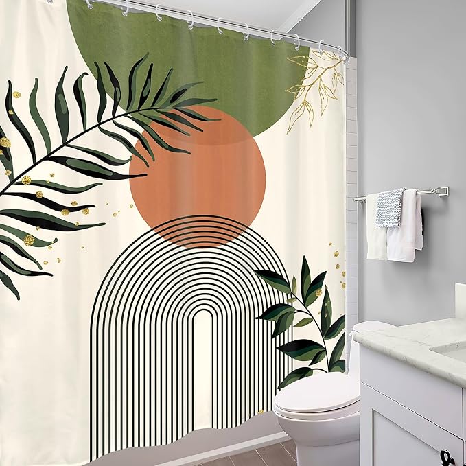 Green Boho Shower Curtain 60Wx72H Abstract Bohemian Modern Leaves Mid Century - Image 4