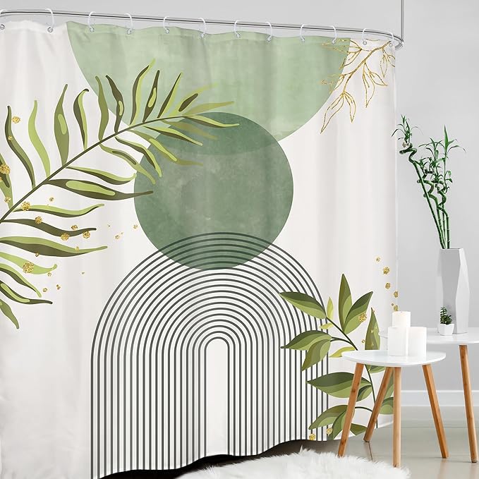 Sage Green Boho Shower Curtain 72Wx78H Modern Bohemian Abstract Leaves Olive - Image 3