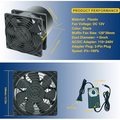 5in Air Exhaust Fan Fume Extractor, 6000RPM 210CFM DC12V Ventilation Fan - Image 4
