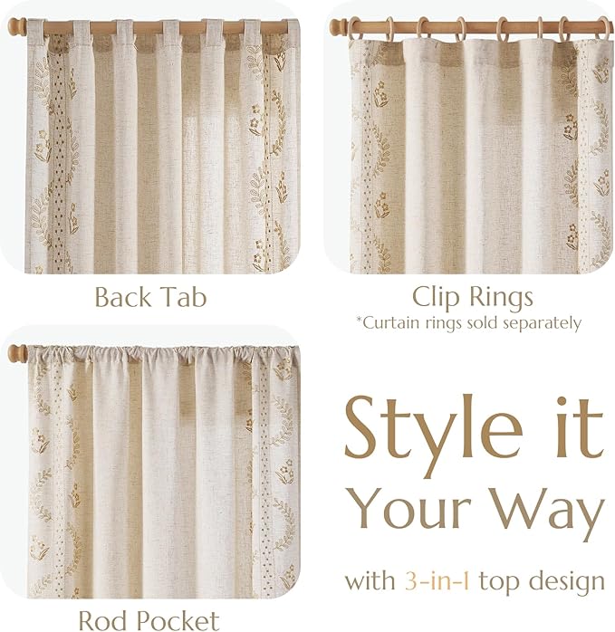 jinchan Belrose Linen Curtains for Bedroom Floral Curtains 96 Inch Length Linen - Image 6