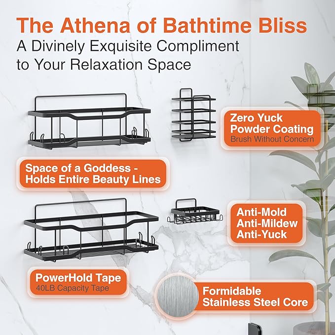 Shower Caddy Bathroom Shelves, The Athena Silken 4 Set, 40LB Capacity, Adhesive - Image 8