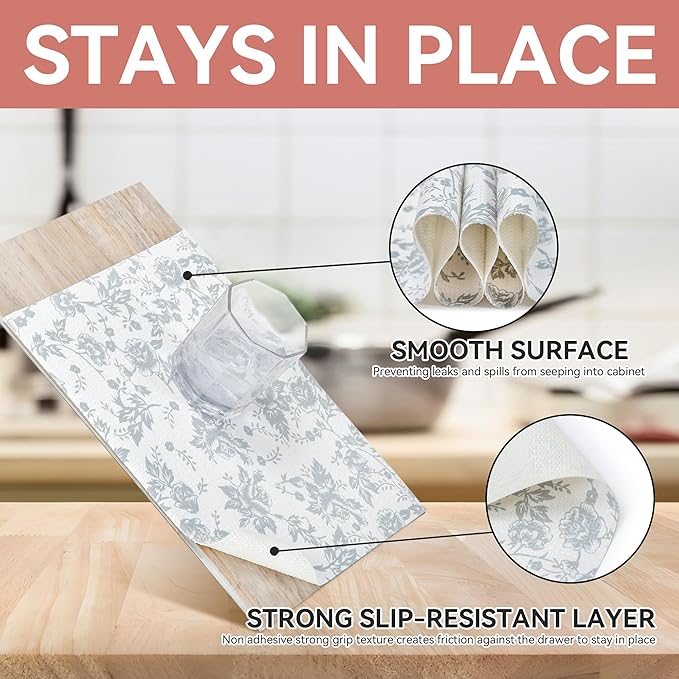 RAY STAR Shelf Liner, Non Adhesive Silver Floral Kitchen Cabinet Liner - Image 3