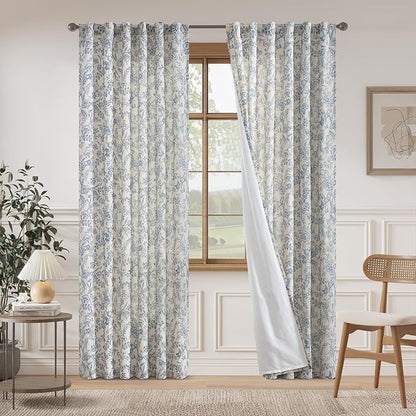 Vangao Lined Linen Curtains for Bedroom Floral Curtains 84 Inches Long Blue - Image 2