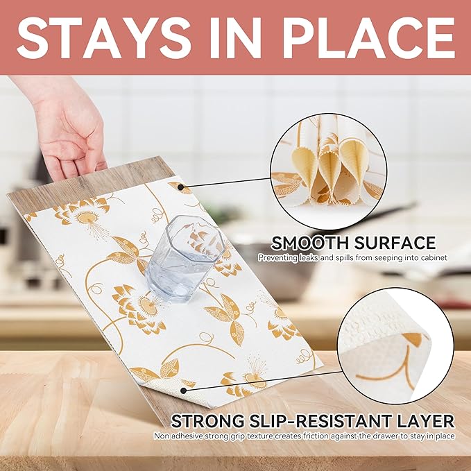 RAY STAR Shelf Liner, Non Adhesive Golden Leaves Floral Kitchen Cabinet Liner - Image 3
