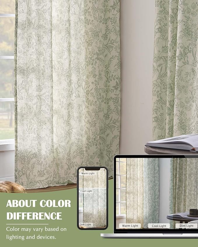 Vangao Lined Linen Curtains for Bedroom Floral Curtains 63 Inches Long Green - Image 8