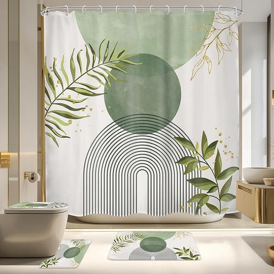 4 PCS Sage Green Boho 72Wx72H Shower Curtain Set Modern Leaves Mid Century by MitpokBrand