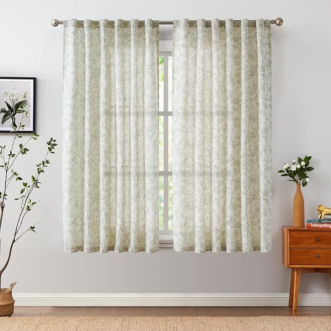 Vangao Green Floral Linen Curtains - Image 2