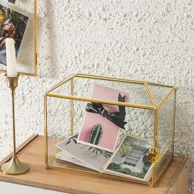 Glass Wedding Card Box with Slot, Large Clear Card Box 10.2 inch Gold Brass - Image 4