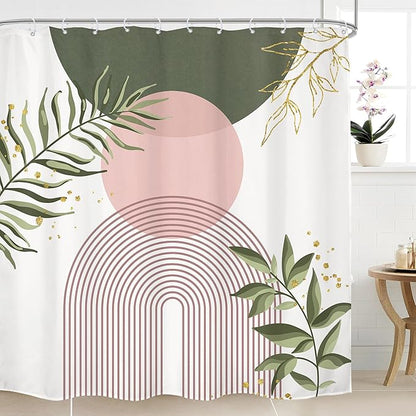 Green Pink Boho Shower Curtain 72Wx72H Modern Bohemian Abstract Sage Green Gold by MitpokBrand