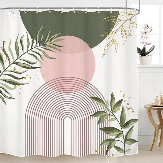 Green Pink Boho Shower Curtain 72Wx72H Modern Bohemian Abstract Sage Green Gold by MitpokBrand