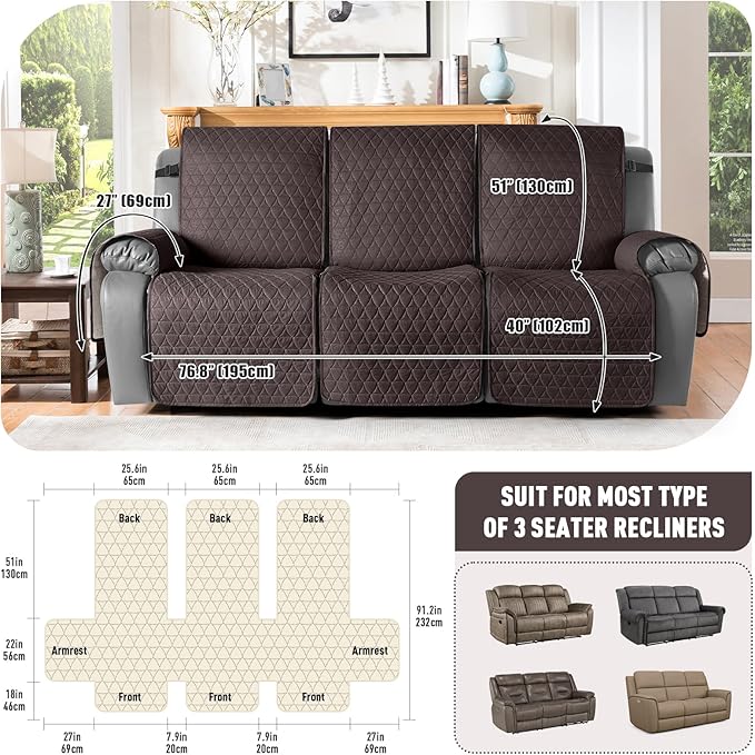 TAOCOCO 100% Waterproof Recliner Cover, Non-Slip Washable Reclining Couch Cover - Image 3