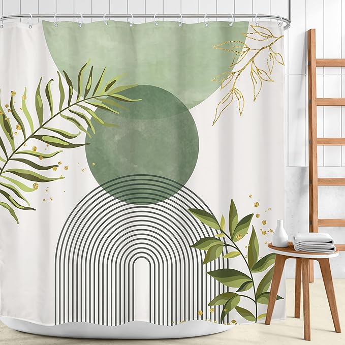 Sage Green Boho Shower Curtain 72Wx72H Modern Abstract Bohemian Leaves - Image 2