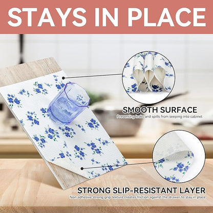 RAY STAR Shelf Liner, Non Adhesive Blue Floral Printed Kitchen Cabinet Liner - Image 3