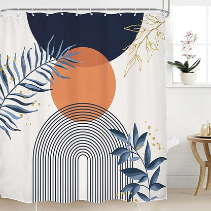 Navy Blue Boho Shower Curtain 72Wx72H Modern Abstract Bohemian Blue Gold Leaves by MitpokBrand