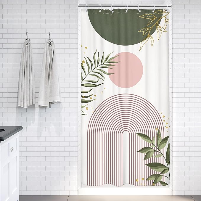 Small Stall Boho Shower Curtain 36Wx72H RV Green Pink Modern Mid Century - Image 2