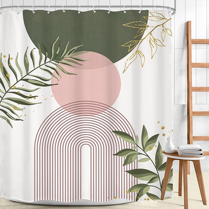 Pink Green Boho Shower Curtain 72Wx84H Extra Long Bohemian Mid Century Modern - Image 2