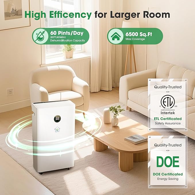 6, 500 Sq.Ft Dehumidifier with Drain Hose, 60 Pints Narrow Dehumidifiers - Image 3