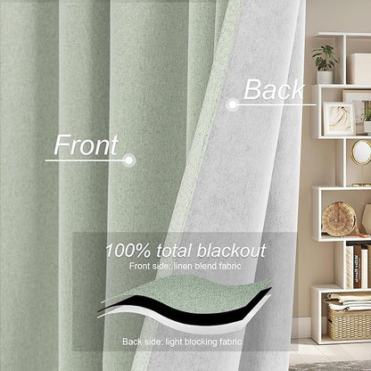 RYB HOME Light Green Curtains 100% Blackout, Linen Window Treatment Panels - Image 4