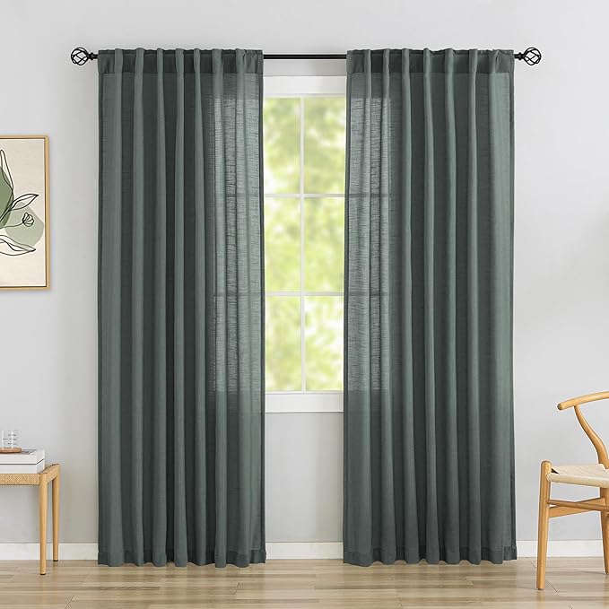 Charcoal Grey Linen Back Tab Curtains 84 Inch Length by DONREN