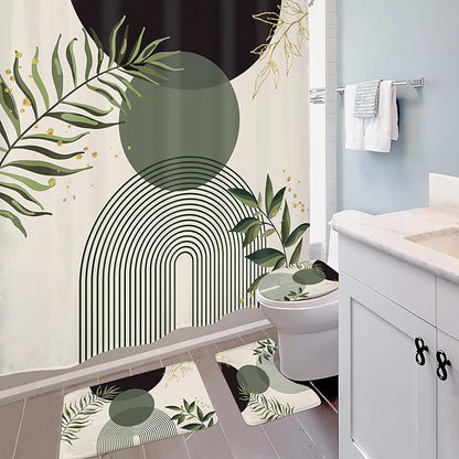4 PCS Dark Green Boho 72Wx72H Shower Curtain Set Modern Mid Century Leaves - Image 3