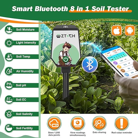 Bluetooth Soil pH EC Tester, Smart Plant pH Fertility Meter, 8 in 1 pH EC - Image 2