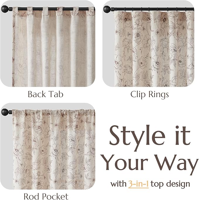 jinchan Floral Linen Curtains for Living Room 96 Inch Length Brown Flower - Image 4