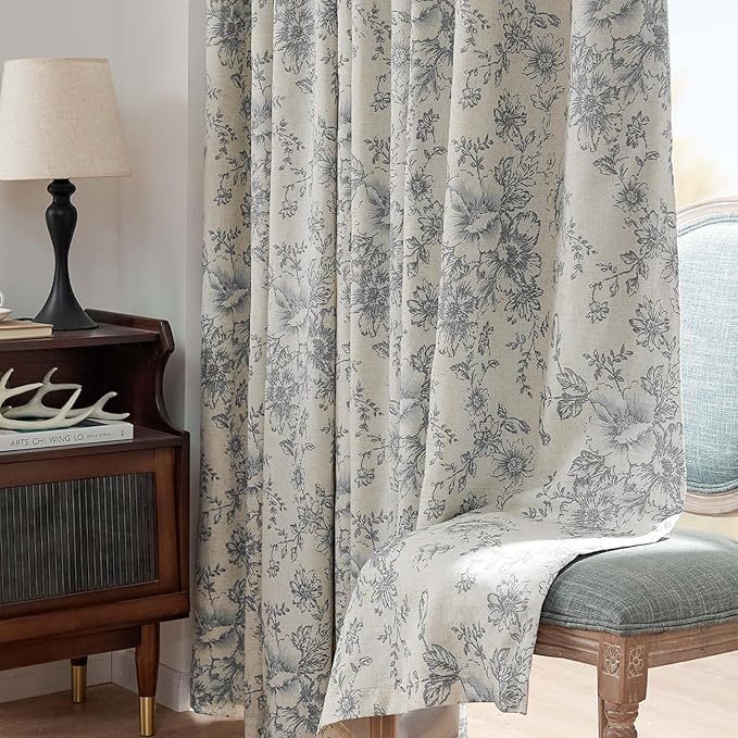 jinchan Blackout Linen Blend Curtain Grey Floral Blackout Curtains - Image 8