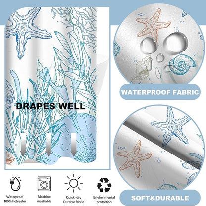 No Hook Shower Curtain with Snap in Liner, Beach Ocean Nautical Coastal Shower - Image 3