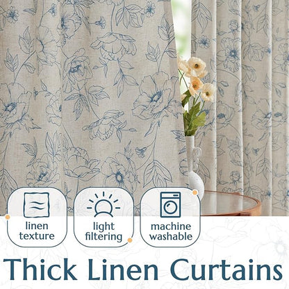 jinchan Floral Linen Curtains for Living Room 84 Inch Length Blue Flower - Image 3