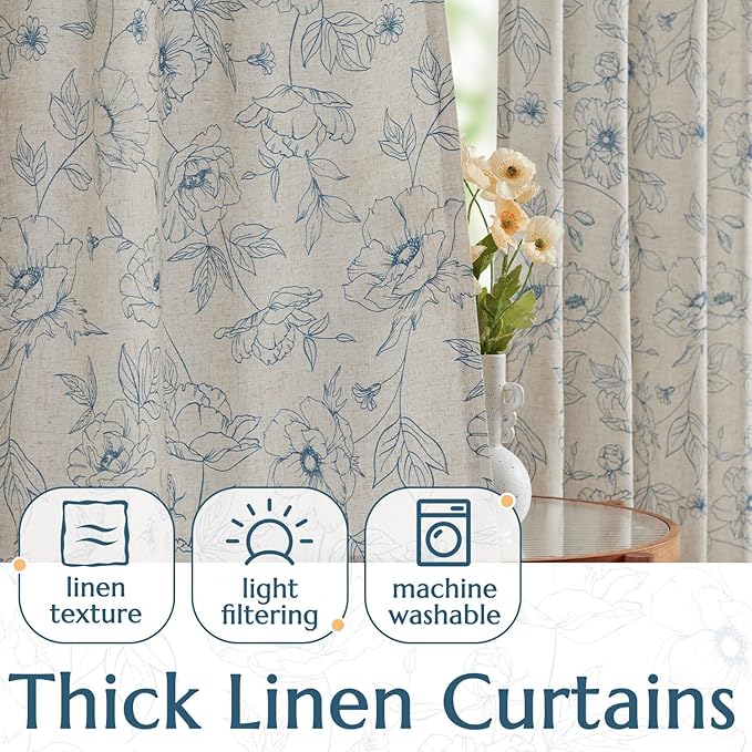 jinchan Floral Linen Curtains for Living Room 96 Inch Length Blue Flower - Image 3