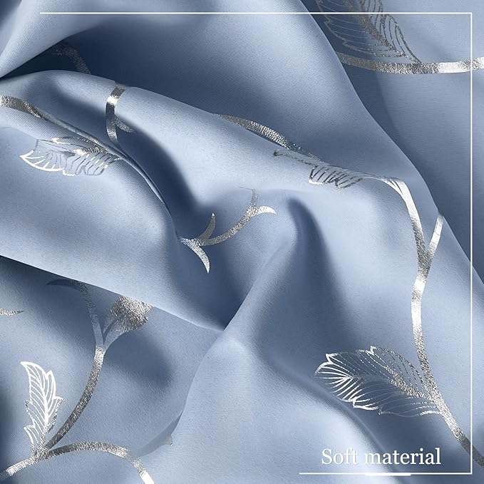 BUHUA Blue Blackout Curtain 2 Panel Set Vine Foil Print Thermal Insulated - Image 8