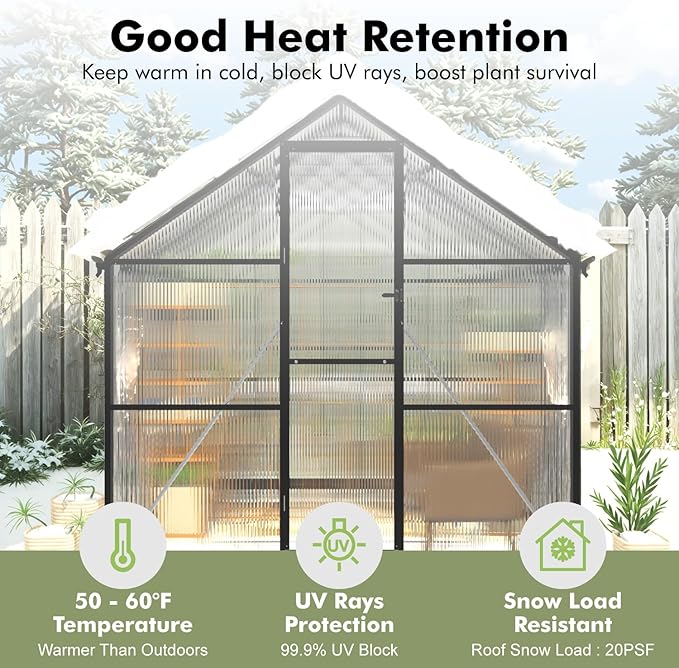 10X12FT Greenhouse with Electronic Thermometers, Large Walk-in Greenhouse - Image 6
